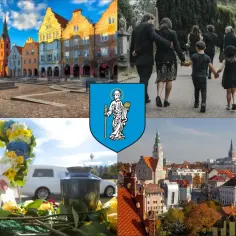 Kremacja w Olsztynie: kolaż zdjęć z widokiem miasta, pogrzebu, wieńca i herbu.