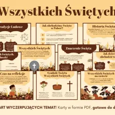 Ilustracja przedstawia symbole i tradycje związane ze Wszystkimi Świętymi i Zaduszkami.