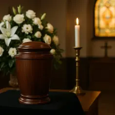 Drewniana urna, białe kwiaty i płonąca świeca. Czy dusza czuje kremację? W kościele, przy ołtarzu, cisza i zaduma.