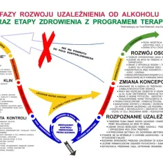 Schemat faz rozwoju uzależnienia od alkoholu i etapów zdrowienia z programem terapii.