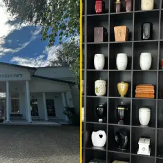 Dom pogrzebowy w Rzeszowie. Na półkach wystawione urny i trumny. Dowiedz się, ile kosztuje kremacja zwłok w Rzeszowie.