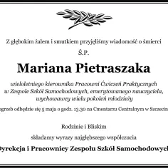 Kondolencje z powodu śmierci Mariana Pietraszaka, pogrzeb odbędzie się w Szczecinie.