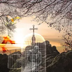 Płonące ptaki uciekają z klatki, symbolizując co się dzieje z duszą po kremacji, wznosząc się ku niebu.