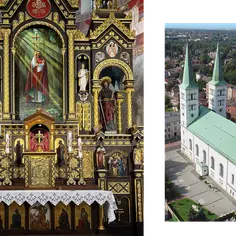 Wnętrze bazyliki w Mikołowie z ołtarzem i widokiem z lotu ptaka na kościół.