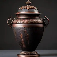 Elegancka urna pogrzebowa z miedzianymi zdobieniami na ciemnym tle.