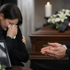 Smutna kobieta ociera łzy chusteczką, wspierana przez bliską osobę. W tle trumna, kwiaty i świece. Słowa pocieszenia na pogrzebie rodzinie.