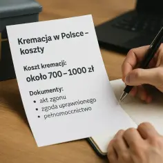 Kremacja w Polsce kosztuje ok. 700-1000 zł. Dokumenty potrzebne do kremacji to akt zgonu, zgoda uprawnionego i pełnomocnictwo.