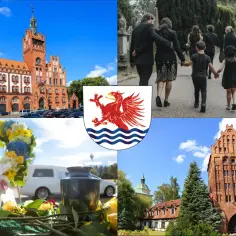 Słupsk: ratusz, herb, pogrzebowa procesja, wieniec i urny. Obraz przedstawia zimne pochówki w Słupsku.
