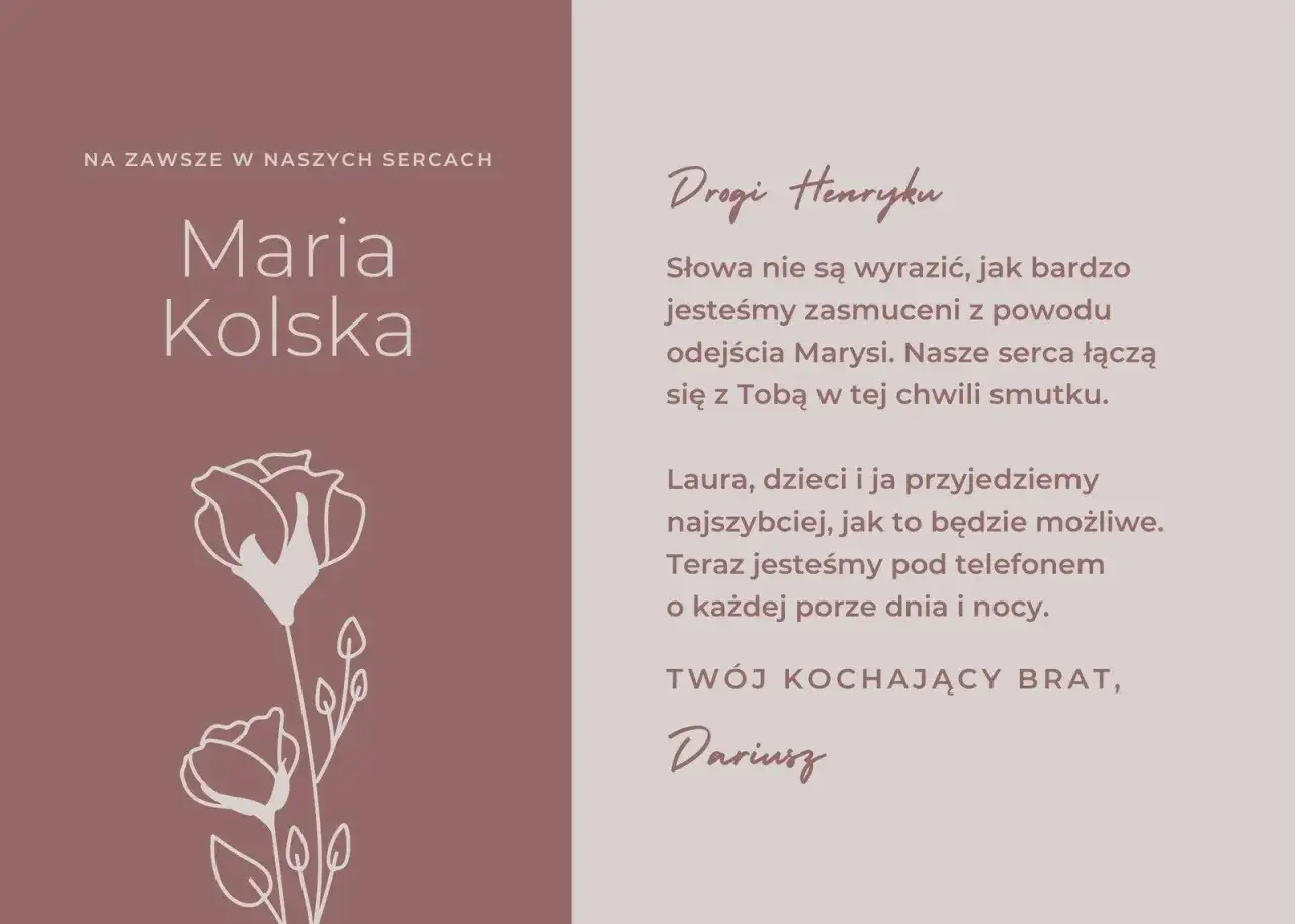 Kondolencje dla Henryka od Dariusza, z wyrazami współczucia po odejściu Marysi. 