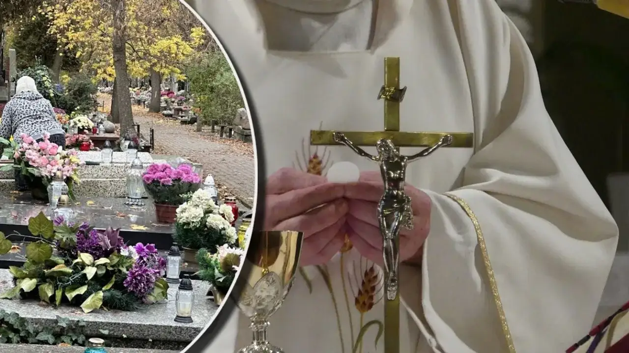 Ksiądz święci pomnik na cmentarzu