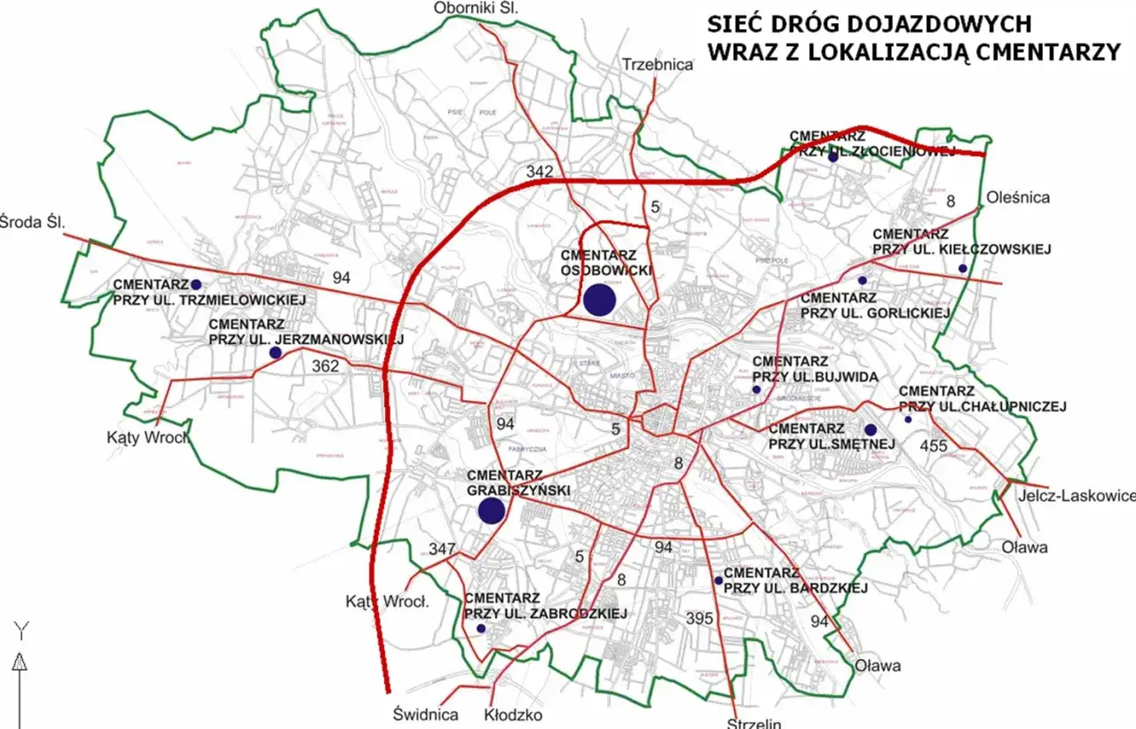 Mapa sieci dróg dojazdowych Wrocławia z lokalizacją cmentarzy. Wyszukiwarka grobów Wrocław pomoże odnaleźć nekropolie.