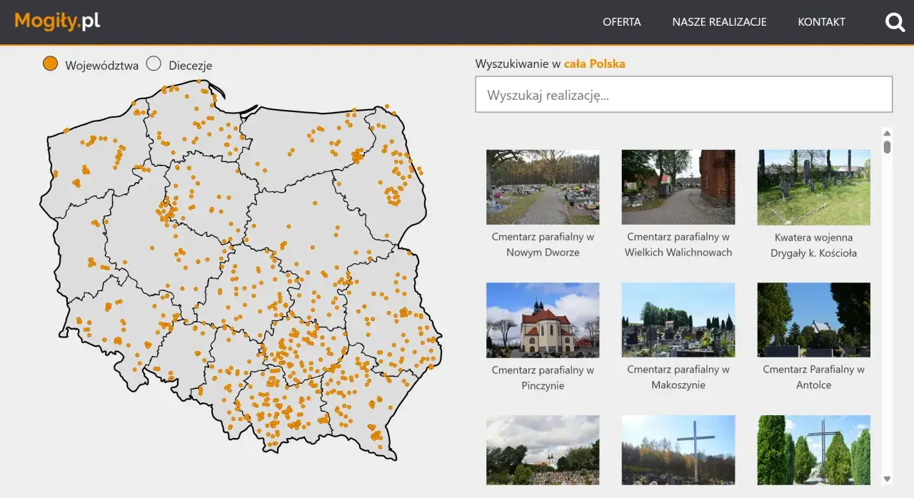 Mapa Polski z zaznaczonymi pomarańczowymi punktami - ogólnopolska wyszukiwarka osób pochowanych. Obok zdjęcia cmentarzy.